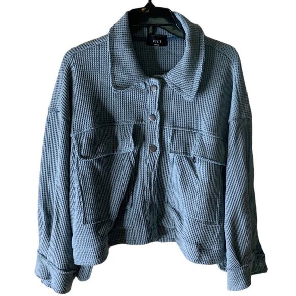 Vici Waffle Knit Collared Cardigan Jacket Women Sz Small Long Sleeves Loose Fit - Picture 1 of 7